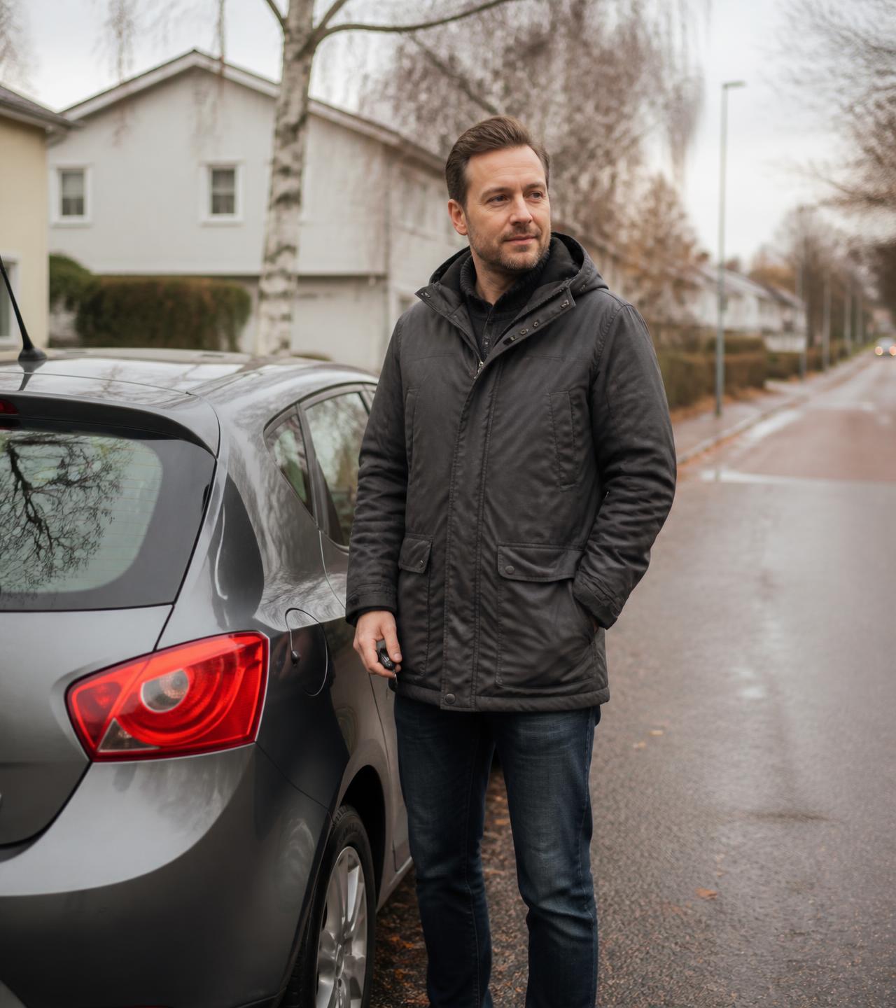 Autoilija seisoo autonsa vieressä suomalaisella asuinkadulla