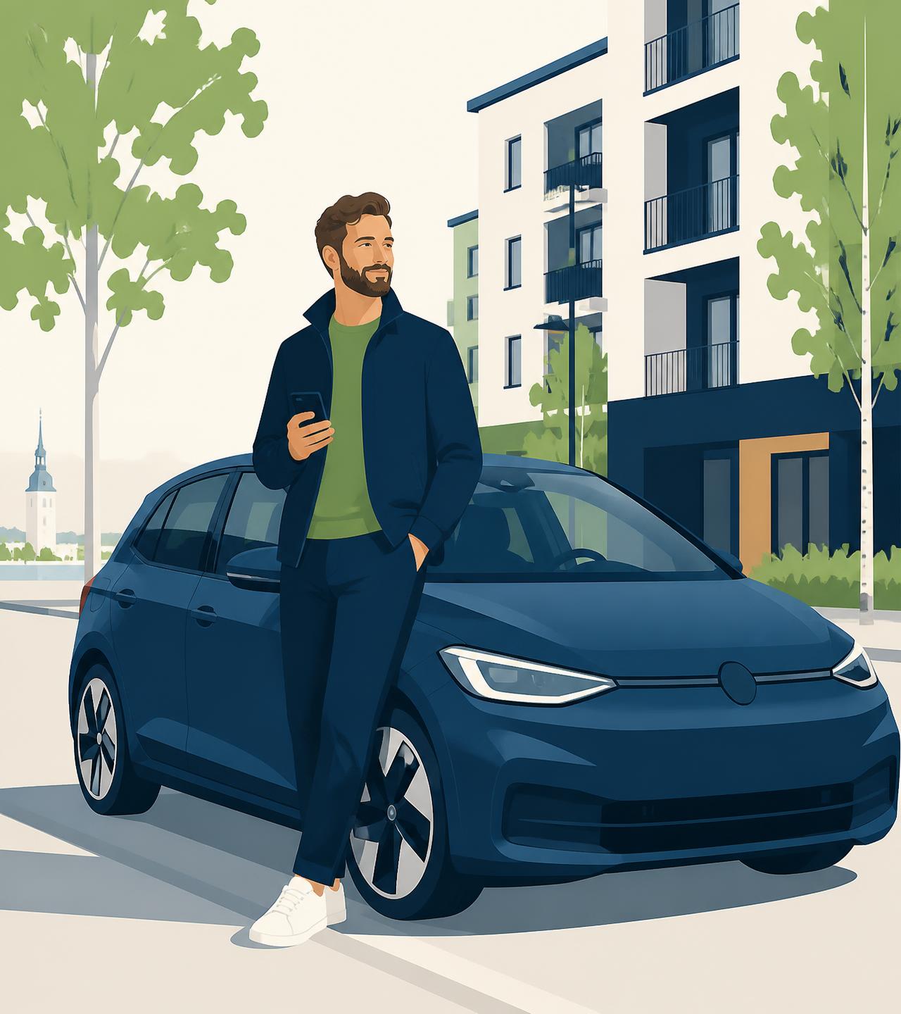 Kuvitus autoilijasta autonsa vieressä suomalaisella asuinkadulla